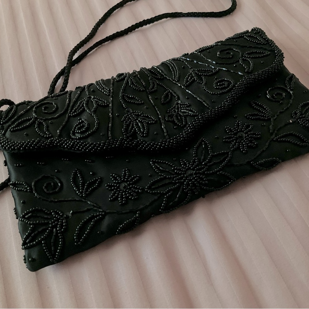NWOT Vintage Apt 9 Beaded Satin Crossbody/Clutch Bag in Black